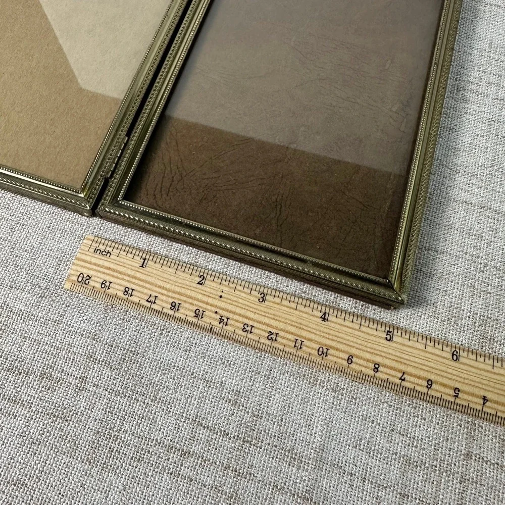 Vintage Brass Tone Double Picture Frame 5x7 | Ornate Hinged Folding Metal Frame